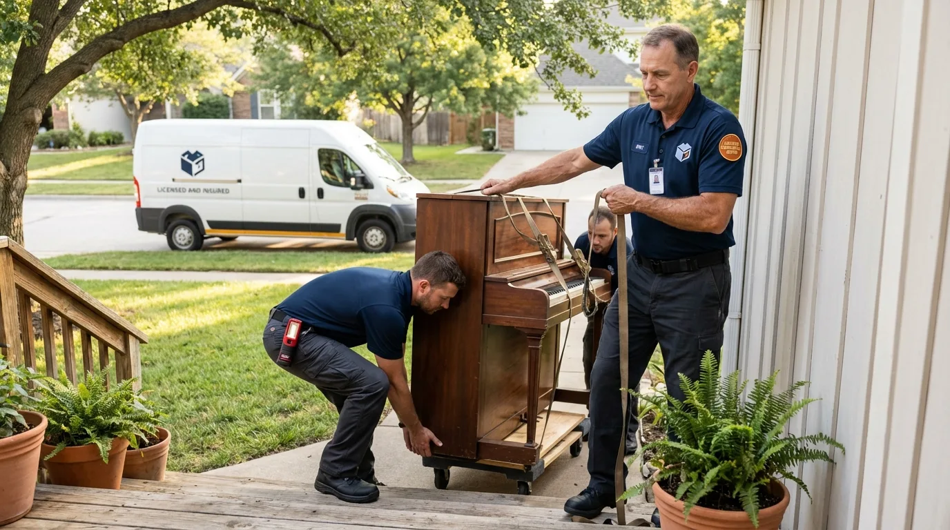 Licensed piano movers securing grand piano in Bradley Beach, NJ