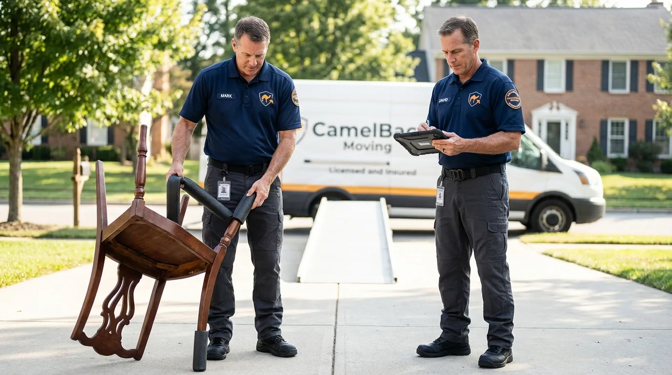 Movers inspecting furniture for damage prevention before loading in Bradley Beach, NJ