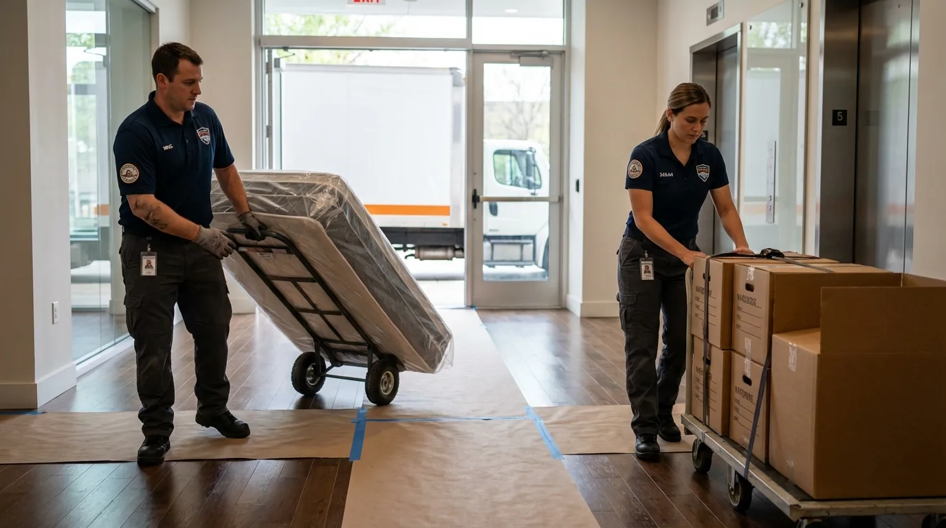 Professional apartment movers loading elevator in Bradley Beach, NJ