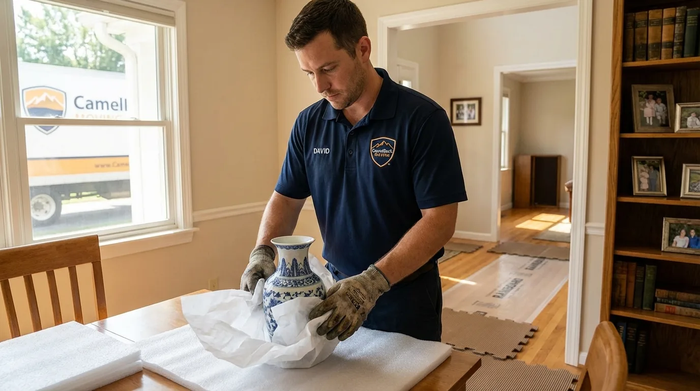 Professional crew carefully wrapping antique vase for senior downsizing move in Bradley Beach, NJ